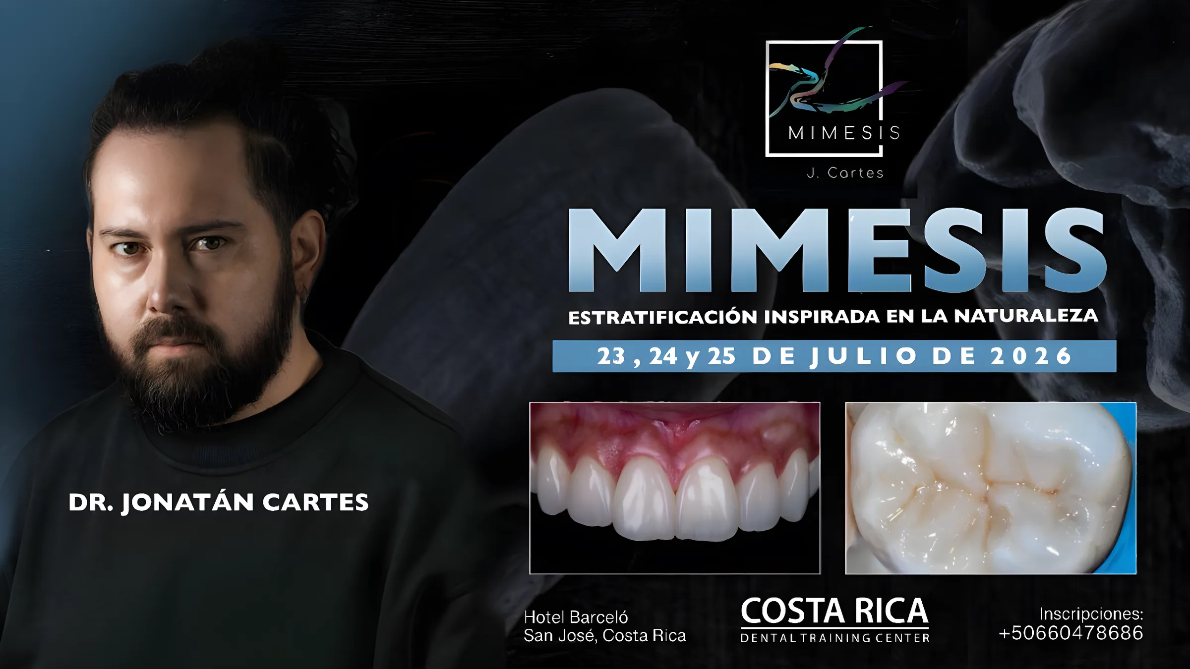 Afiche promocional del curso MIMESIS: Estratificación inspirada en la naturaleza, dictado por Dr. Jonatán Cartes el 23, 24 y 25 de julio de 2026 en Hotel Barceló, San José